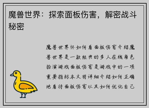 魔兽世界：探索面板伤害，解密战斗秘密